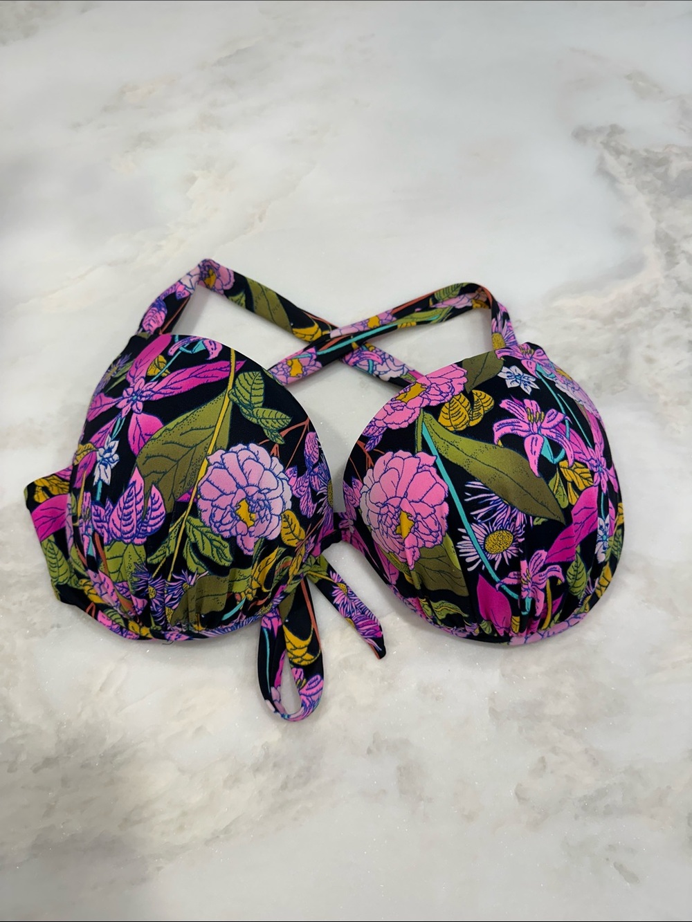 Victoria's Secret Black Bikini Top with Pink & Yellow Floral Print